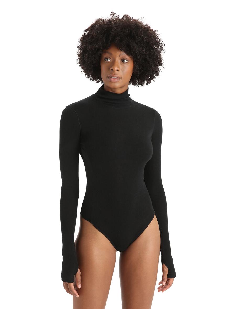 Black Women\'s Icebreaker Merino Queens Long Sleeve High Neck Bodysuit Underwear | USA 1701TCEV